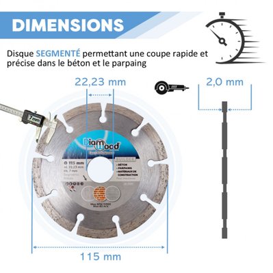 DIAMWOOD - Disque Diamant pour Béton et Matériaux Divers - Lame Diamantée à Tronçonner - Ø 115 mm - Al 22,23 mm H 7 mm - BUILDER - 79230 - 3664100202510