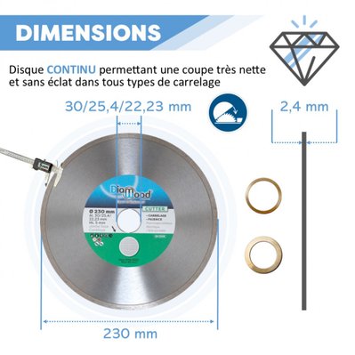 DIAMWOOD - Disque Diamant Carrelage et Faïence pour Meuleuse - Lame à Tronçonner - D 230 mm, Al 30/25,4/22,23 mm - Jante H 5 mm - 79231 - 3664100202527