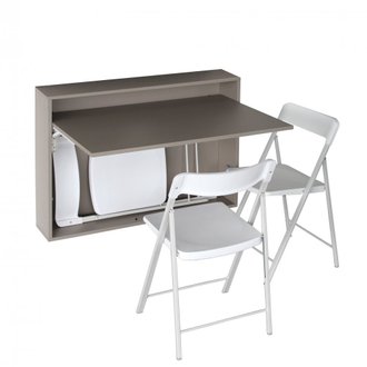 Bureau/Table Extensible mural Gris taupe avec 3 chaises intégrées blanche