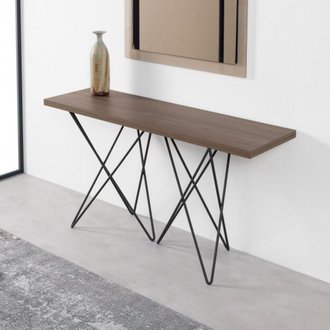 Table console extensible ouverture en livre HERMES plateau noyer pieds gris foncé largeur 140cm