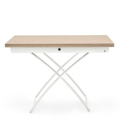 Table basse relevable extensible italienne MAGIC J  en bois naturel et piétement en acier laqué blanc - 20100838271 - 3700732998688