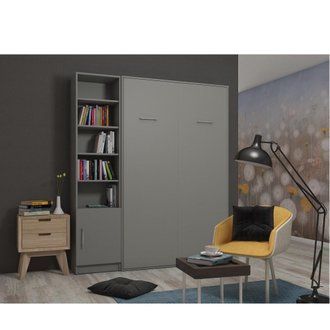 Composition armoire lit escamotable SMART-V2 gris mat Couchage 160 x 200 cm colonne bibliothèque