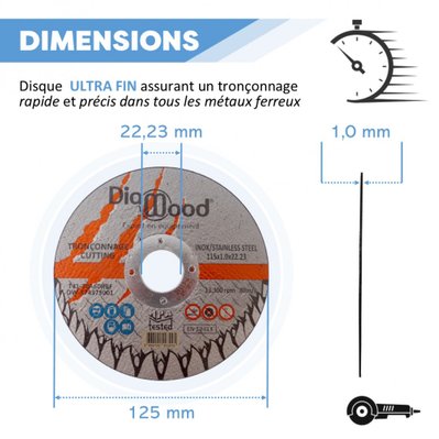 DIAMWOOD - Lot 10 Disques à Tronçonner Inox Découpe Acier pour Meuleuse d'Angle - Diamètre 115 mm - Al. 22,23 mm - Ep. 1 mm - 79237 - 3664100202589