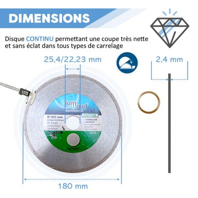 DIAMWOOD - Disque Diamant Carrelage et Faïence Meuleuse - Lame à Tronçonner - Découpe Parfaite - D 180mm, Al 25,4/22,23mm, H 5mm - 60883 - 3664100161244