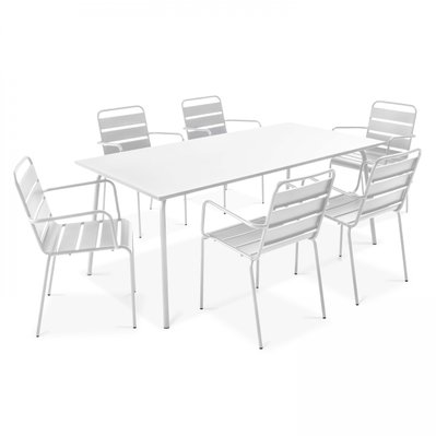 Ensemble table de jardin et 6 fauteuils en métal blanc 180 x 90 x 72 cm - 106030 - 3663095037695