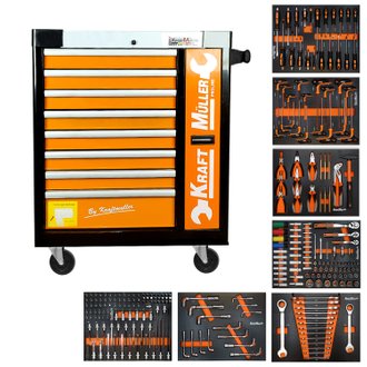 Kraft Muller KM-9/7-583 Servante d'atelier 290 outils inclus - 8 tiroirs & 1 porte - Type chariot avec roulette - Orange