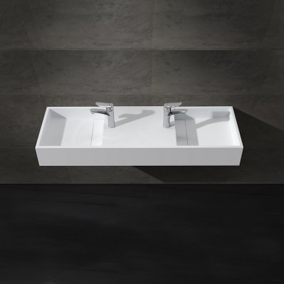 Lavabo double vasque suspendu rectangulaire - Solid surface Blanc mat - 121x40 cm - Twins - 1654 - 3760314680981