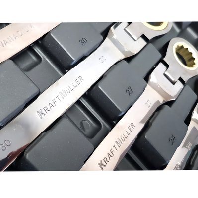 Coffret 13 clés de 8 à 32 mm à cliquet articulé Kraft Müller, Chrome-Vanadium, tête flexible 180°, Mécanicien, Garagiste, - JM-AG-KM13PCS-FLEX - 3701123997181