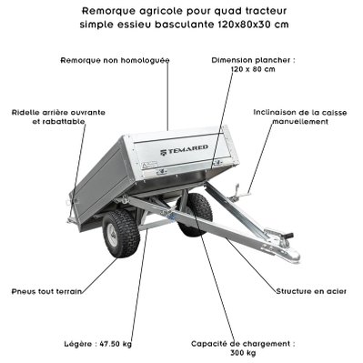 Remorque agricole simple essieu basculante pour quad tracteur 120x80x30 cm - 925 - 3701041636193