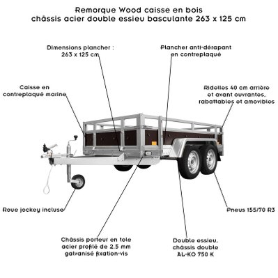 WOOD Remorque double essieux basculante caisse contreplaqué châssis acier 263x125 cm - 927 - 3701041636179
