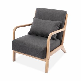 Fauteuil design en bois et tissu. 1 place droit fixe. pieds compas scandinave. structure en bois solide. assise confortable.