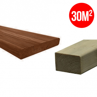 Pack terrasse complet WOOD2WOOD - lames 27 x 145 mm + lambourdes bois raboté - Pin traité CL4 - teinté brun - 30 m²