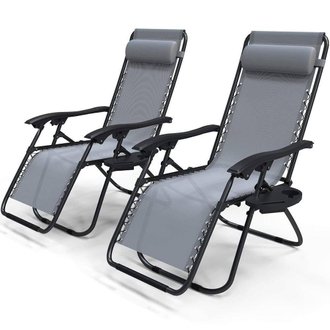 Chaise longue inclinable en textilene avec porte gobelet et portable gris Lot de 2
