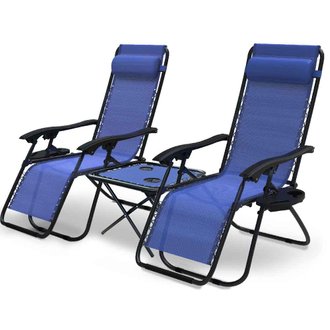 Lot de 2 Chaise longue inclinable en textilene avec table d'appoint porte gobelet et portable bleu