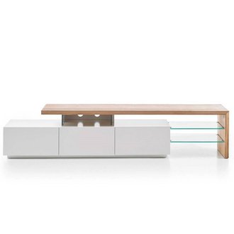 Meuble TV design ALRIK 3 tiroirs structure laquée blanc mat plateau décor chêne