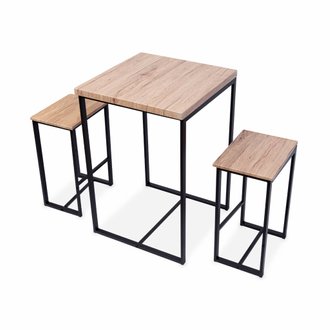 Set table haute rectangulaire - Loft - avec 2 tabourets de bar. acier et décor bois. encastrable. design