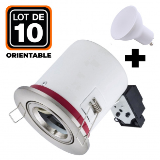 Lot 10 Spots BBC Orientable INOX IP20 + Ampoule GU10 7W Blanc Chaud + Douille