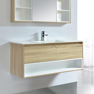Meuble salle de bain design 120 cm FRAME finition mélaminé chêne avec vasque céramique    Bloc-miroir inclus