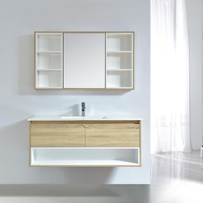 Meuble salle de bain design 120 cm FRAME finition mélaminé chêne avec vasque céramique    Bloc-miroir inclus - FRA-1200-CAB-LO.W/FRA-1200-BAS/FRA-1200-MIR-LO.W - 3760282665973