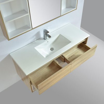 Meuble salle de bain design 120 cm FRAME finition mélaminé chêne avec vasque céramique    Bloc-miroir inclus - FRA-1200-CAB-LO.W/FRA-1200-BAS/FRA-1200-MIR-LO.W - 3760282665973