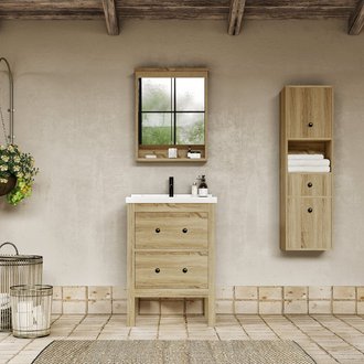 Meuble salle de bain design 60 cm TYPO finition mélaminé chêne avec vasque céramique    Bloc-miroir inclus