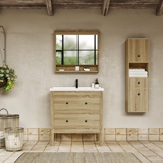 Meuble salle de bain design 80 cm TYPO finition mélaminé chêne avec vasque céramique    Meuble seul