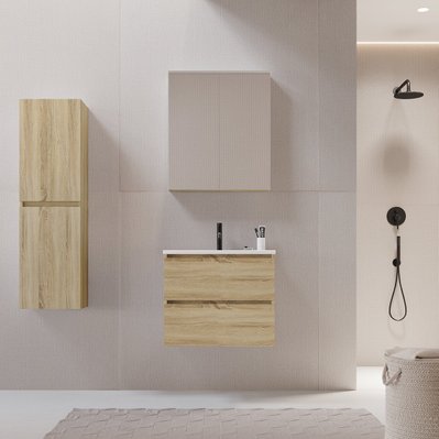 Meuble salle de bain design 60 cm LIMPIO finition mélaminé chêne avec vasque céramique - LIM-600-BC-LOAK - 3760282665850