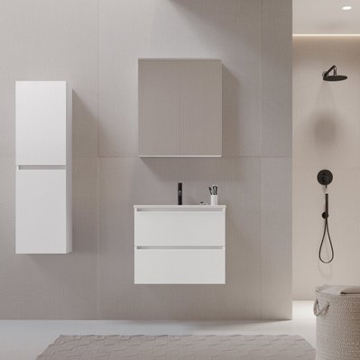 Meuble salle de bain design 60 cm LIMPIO finition mélaminé blanc avec vasque céramique - LIM-600-BC-WHI - 3760282665867