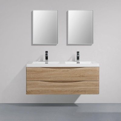 Meuble salle de bain design double vasque PIACENZA largeur 120 cm chêne clair - SMILE-1200-CAB-W.OAK/SMILE-1200-BAS - 3760282661524