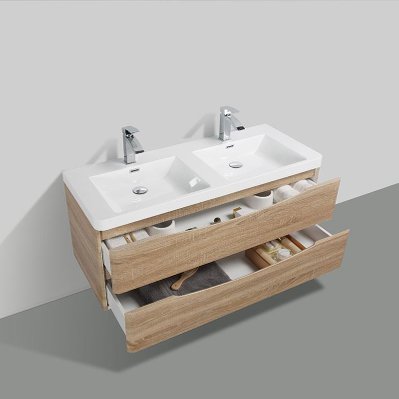 Meuble salle de bain design double vasque PIACENZA largeur 120 cm chêne clair - SMILE-1200-CAB-W.OAK/SMILE-1200-BAS - 3760282661524
