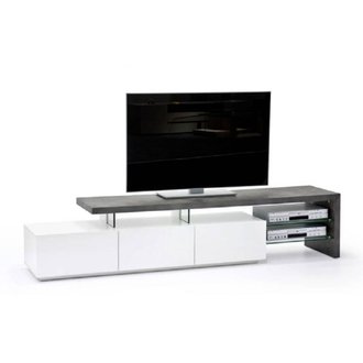 Meuble TV design ALRIK 3 tiroirs structure laquée blanc mat plateau décor béton