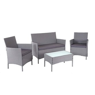 Salon de jardin avec fauteuils banc et table en poly-rotin gris et coussin anthracite MDJ04147