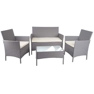 Salon de jardin avec fauteuils banc et table en poly-rotin gris et coussin crème MDJ04148