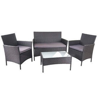 Salon de jardin avec fauteuils banc et table en poly-rotin noir et coussin anthracite MDJ04149