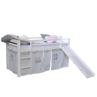 Lit mezzanine pour enfant 90x200cm avec échelle toboggan en bois blanc avec tissu gris étoile LIT06179