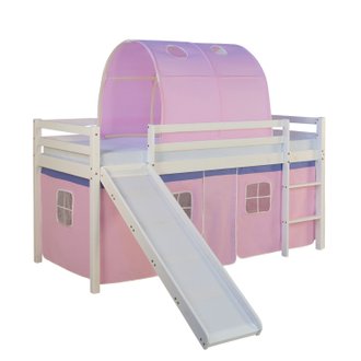 Lit mezzanine pour enfant avec sommier toboggan tunnel rideau modèle rose 90x200 cm LIT06187