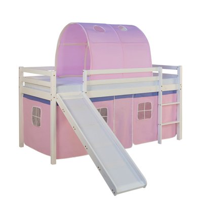 Lit mezzanine pour enfant avec sommier toboggan tunnel rideau modèle rose 90x200 cm LIT06187 - LIT06187 - 3000438247982