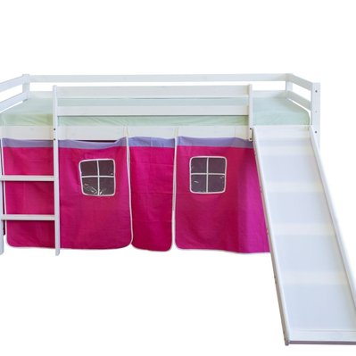 Lit mezzanine 90x200cm avec échelle toboggan en bois blanc et toile rose rouge LIT06114 - lit06114 - 3000162062240