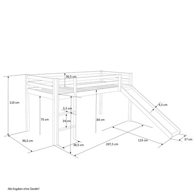 Lit mezzanine mi-hauteur 90x200cm avec échelle toboggan en bois laqué blanc LIT06200 - LIT06200 - 3001103069601