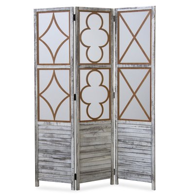 Paravent 3 panneaux séparateur de pièce en bois blanc vieilli style vintage PAR06078 - PAR06078 - 3000422727735