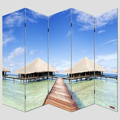 Paravent 5 panneaux pans séparateur de pièce 180x200cm motif plage PAR04005 - par04005 - 3000010362294