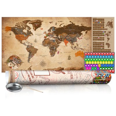 Carte du monde à gratter vintage avec tube de transport motif plumes 100x50 cm CAG110011 - CAG110011 - 3001514769602