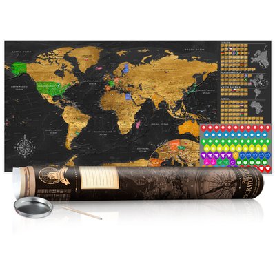 Carte du monde à gratter doré avec tube de transport motif marron 100x50 cm CAG110005 - CAG110005 - 3001515369603