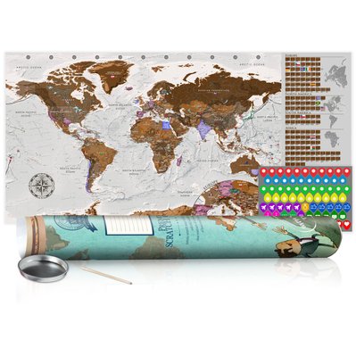 Carte du monde à gratter gris avec tube de transport motif humour 100x50 cm CAG110022 - CAG110022 - 3001513569609