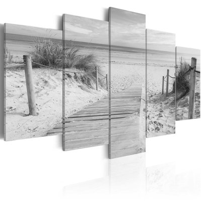 Tableau sur toile en 5 panneaux décoration murale image imprimée cadre en bois à suspendre Matin sur la plage - noir et blanc 1 - 11_0006771 - 3000239561300