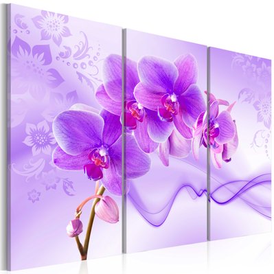 Tableau sur toile en 3 panneaux décoration murale image imprimée cadre en bois à suspendre Orchidée éthérée - violet 120x80 cm - 11_0005542 - 3000229591300