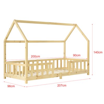 Lit pour enfant forme maison cabane avec matelas en mousse avec barrière anti chute en bois de pin contreplaqué 90x200 cm Natur - 03_0005479 - 3000651699780