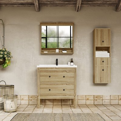 Meuble salle de bain simple vasque sur pieds 80 cm TYPO chêne    Bloc-miroir inclus - TYP-800-CAB-LOAK/TYP-800-BAS/TYP-800-MIR-LOAK - 3760282666543