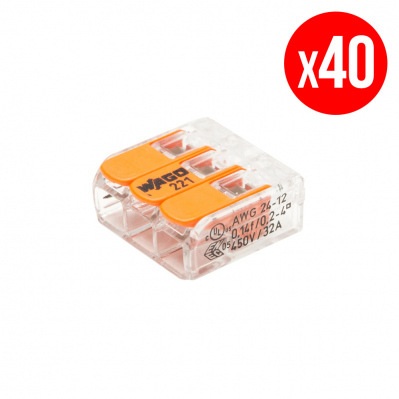 Pack de 40 mini bornes de connexion rapide à levier - 3 entrées - fil souple & rigide - 221-413 - 3662366036610 - 3662366036610