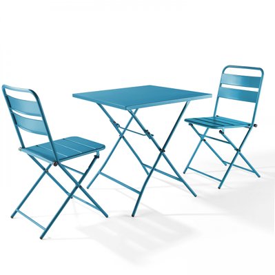 Palavas - Table carré pliante + 2 chaises pliantes acier bleu pacific - 106561 - 3663095042194